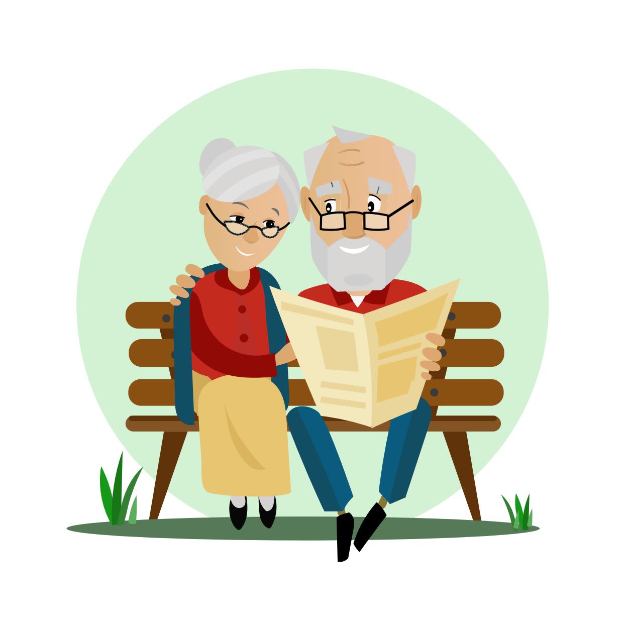 Ilustracja uśmiechniętej pary seniorów siedzących na ławce i czytających tę samą gazetę, symbolizująca poważne spotkanie, wspólne wartości i trwały związek.