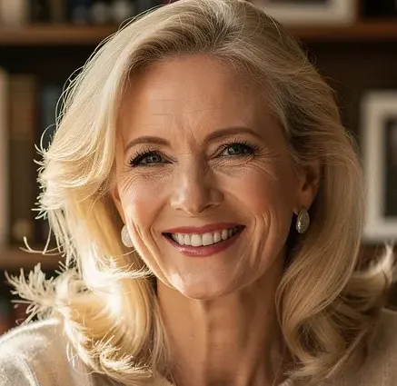 Ilustracyjne zdjęcie uśmiechniętej blondynki około 50. roku życia w biurze.